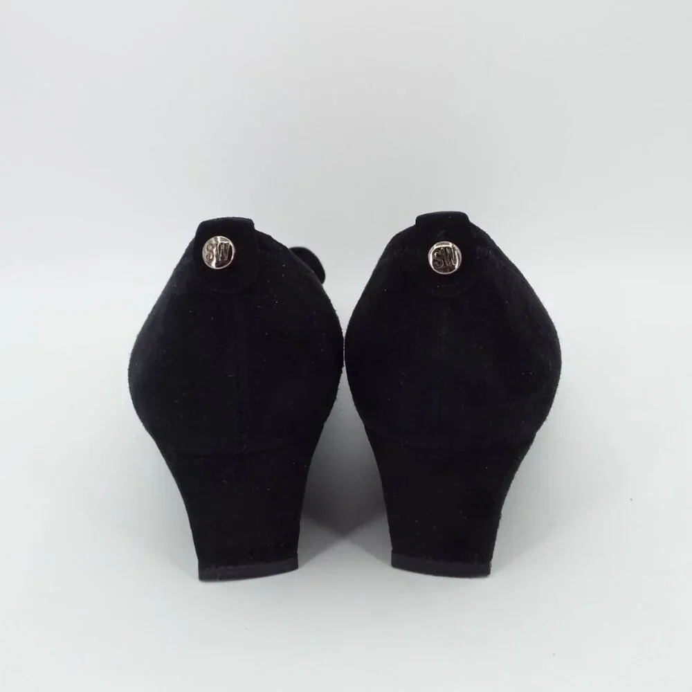 Stuart Weitzman Pleats Black Suede Wedge with Chain Bow Size 10N Narrow - Picture 7 of 16